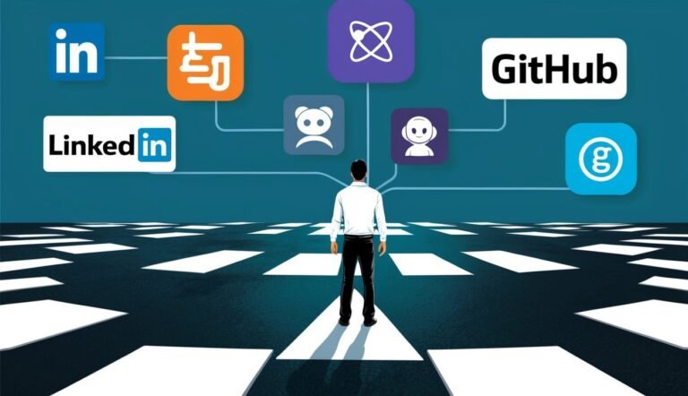 Man standing before social media icons, representing career choices