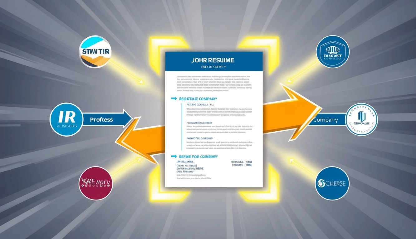 A resume with highlighted links and logos of reputable companies, surrounded by glowing arrows and spotlight beams