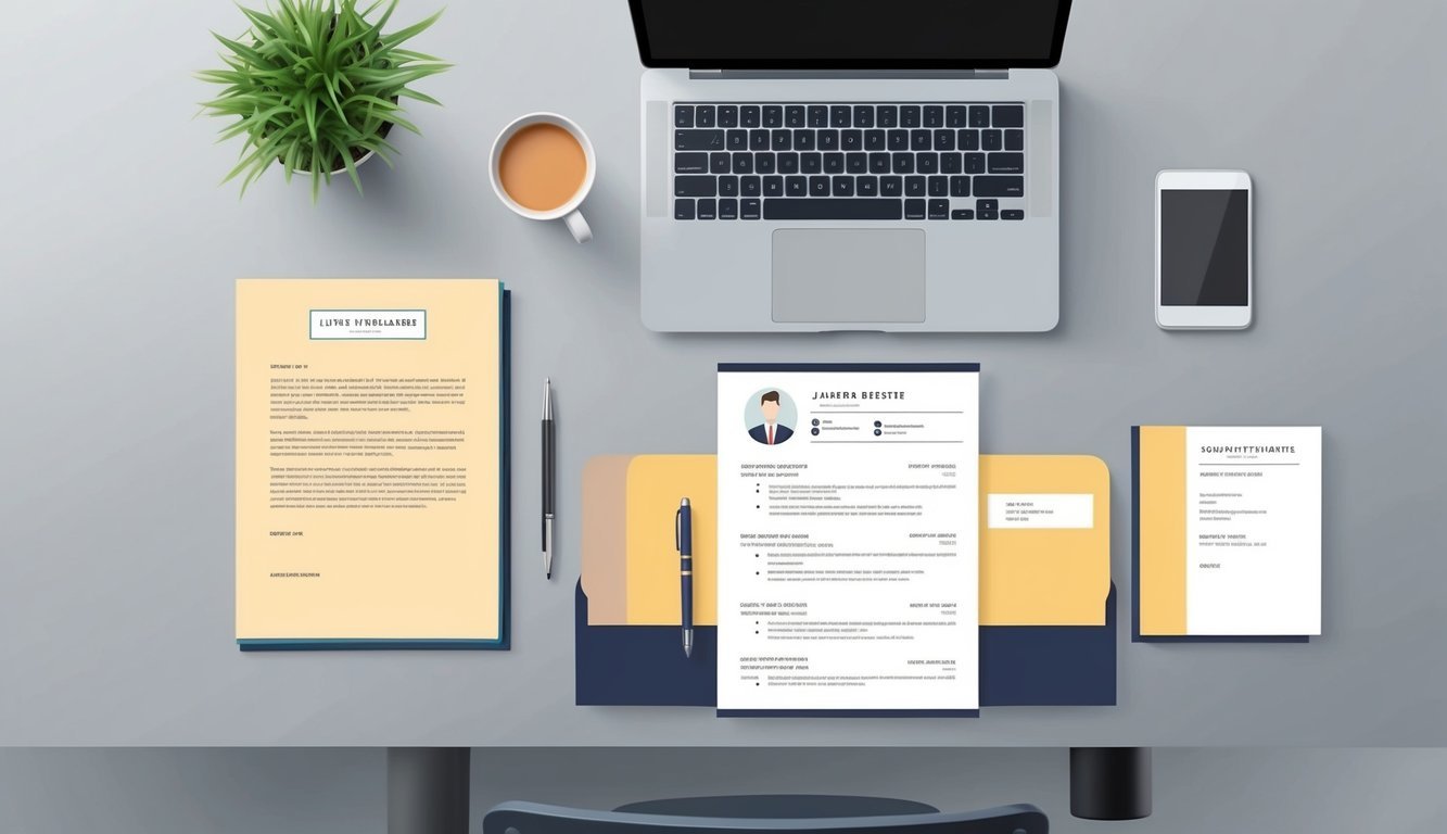 A clean, organized desk with a laptop, pen, and professional-looking resume