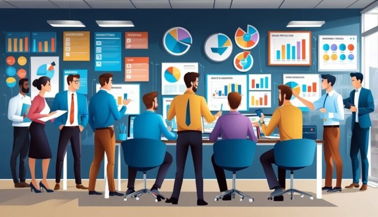 Business team analyzing charts and graphs in a modern office setting