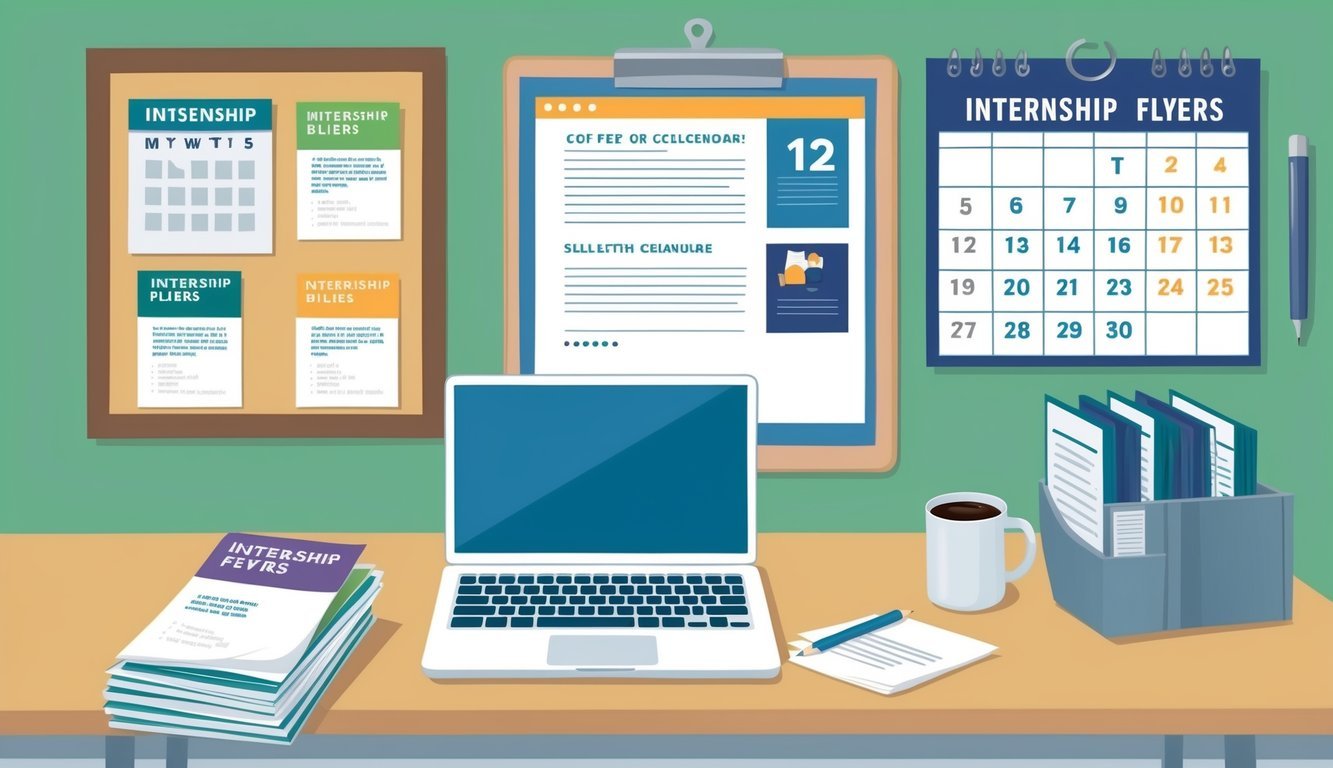 A desk with a laptop, a stack of papers, and a mug of coffee.</p><p>A bulletin board with internship flyers and a calendar with important dates