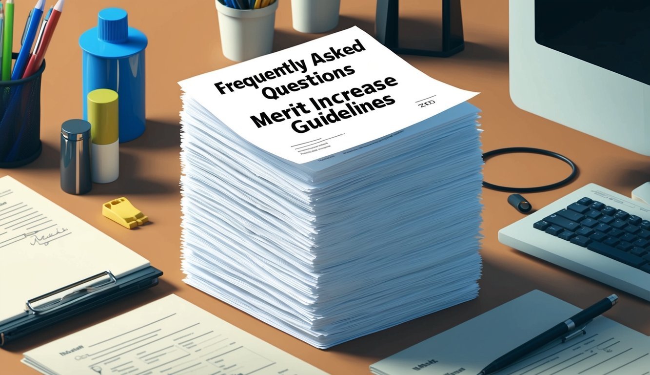 A stack of papers with "Frequently Asked Questions Merit Increase Guidelines" printed on top, surrounded by office supplies and a computer