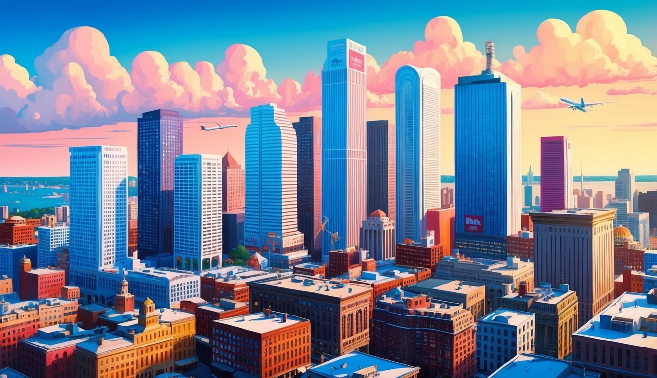 A bustling cityscape with skyscrapers and billboards, showcasing the vibrant and competitive marketing industry in Boston