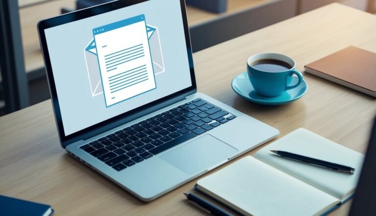 Laptop with email icon, coffee cup, notebook, and pen on a wooden desk