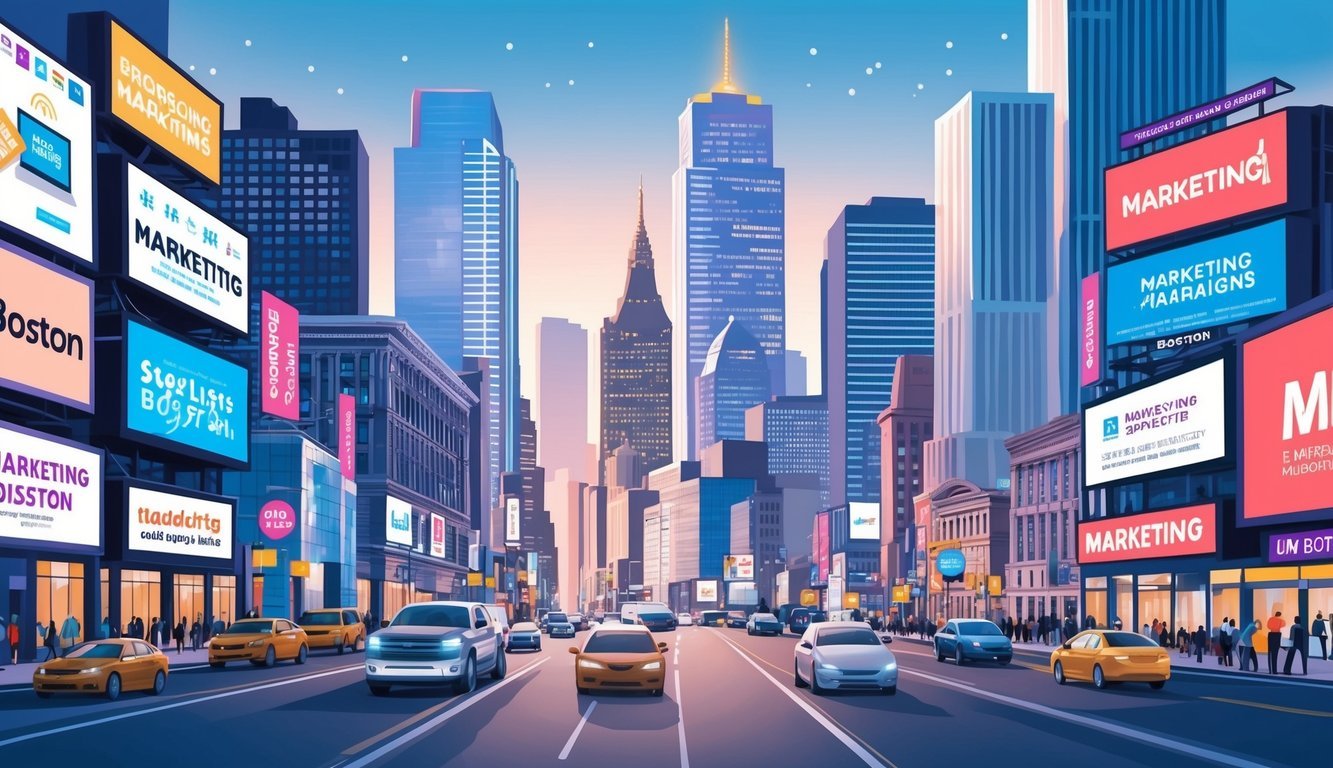 A bustling city with skyscrapers and billboards, showcasing various marketing campaigns.</p><p>Bright lights and busy streets convey the energy of the marketing industry in Boston