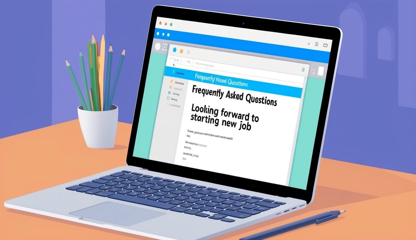 An open laptop displaying an email inbox with the subject line "Frequently Asked Questions Looking forward to starting new job" highlighted