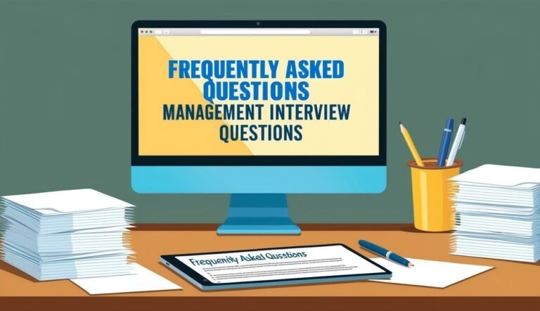 Computer screen with "Frequently Asked Questions" and interview prep materials