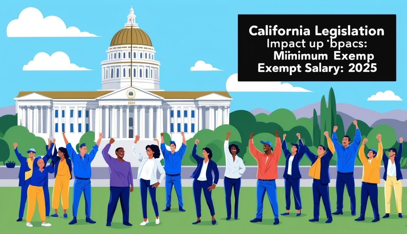 A group of workers celebrate as the California state capitol building looms in the background, symbolizing the upcoming legislation impacting minimum exempt salary in 2025