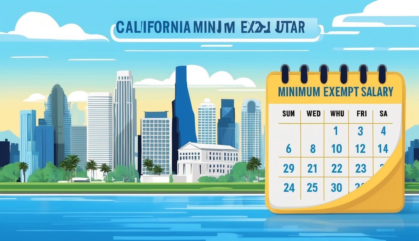 A California skyline with a calendar showing the year 2025 and a highlighted "Minimum Exempt Salary" section