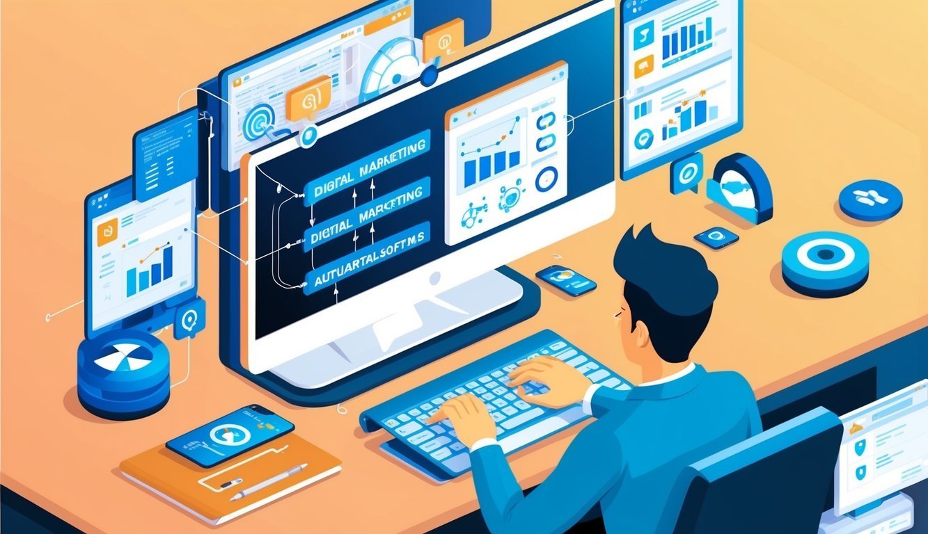 Man working on computer with digital marketing data and charts