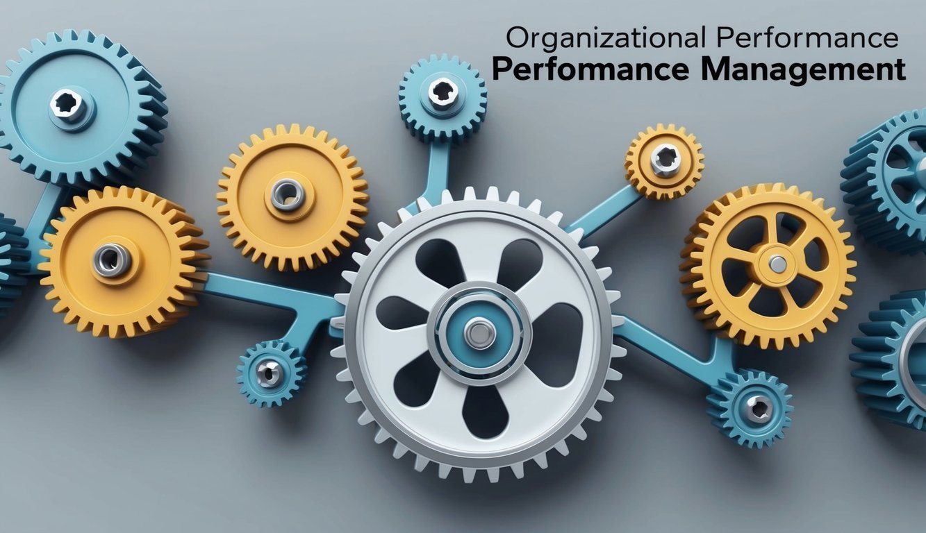 Interlocking gears in blue, yellow, and white, illustrating performance management concept