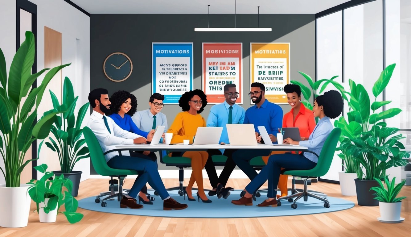 A group of diverse individuals working together in a modern office space, surrounded by vibrant green plants and motivational posters