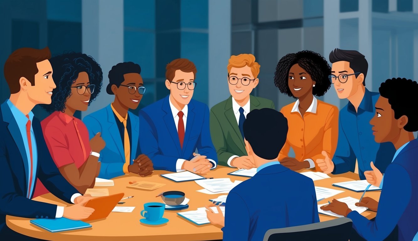 A group of diverse individuals gathered around a table, engaged in a discussion with a sense of purpose and determination