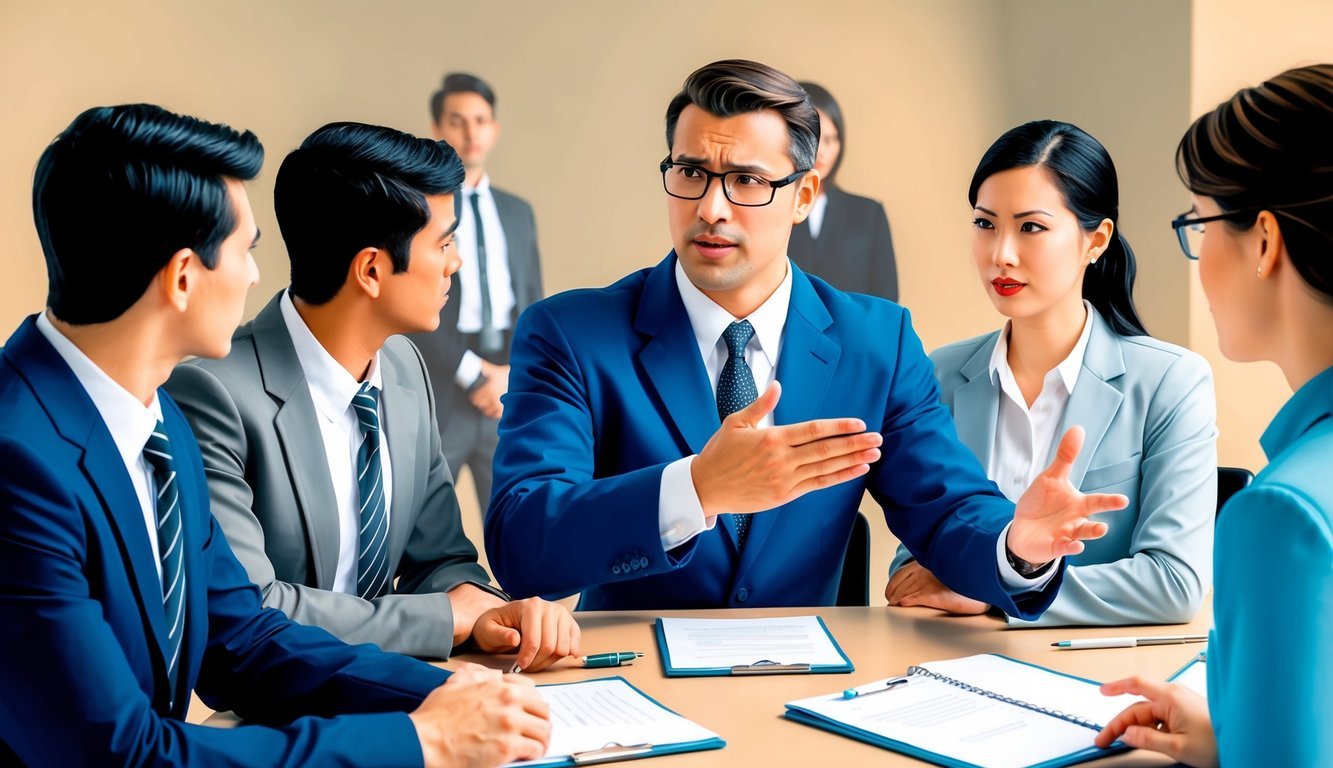 A manager mediating a heated discussion between team members, while others observe and wait their turn to speak