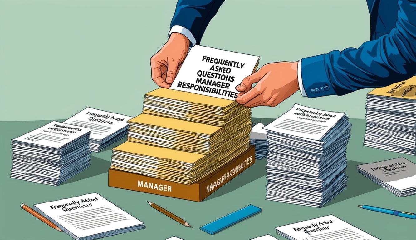 A person organizing and categorizing a stack of papers labeled "Frequently Asked Questions Manager responsibilities."