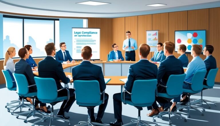 Business meeting with people in suits around a table, presentation on screen