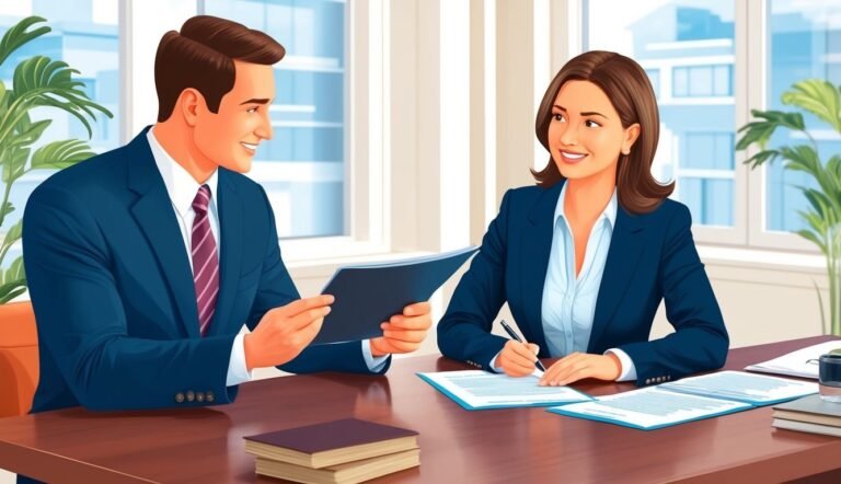 Business people in suits reviewing documents at a desk, smiling
