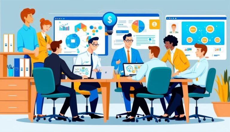 Business team meeting around a table with laptops and data visualizations