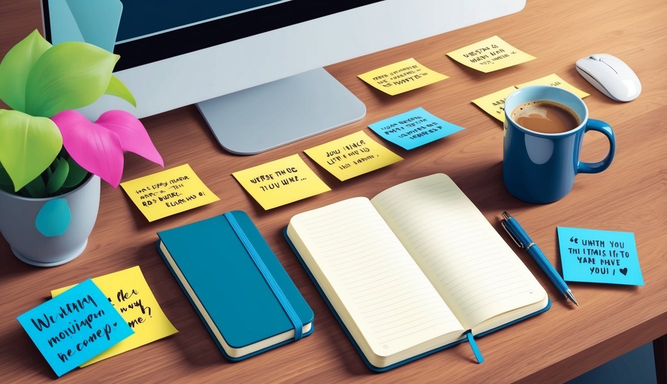 A desk with a computer, open notebook, and a mug of coffee.</p><p>Post-it notes with motivational quotes are scattered around the workspace