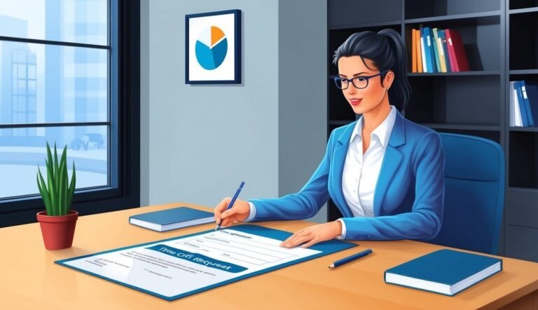 Businesswoman in blue suit filling out a time off request form