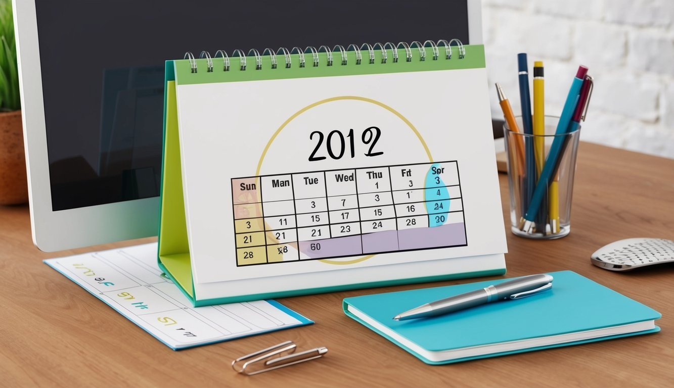 A desk calendar with a circle around a date, a pen, and a computer with an open calendar app