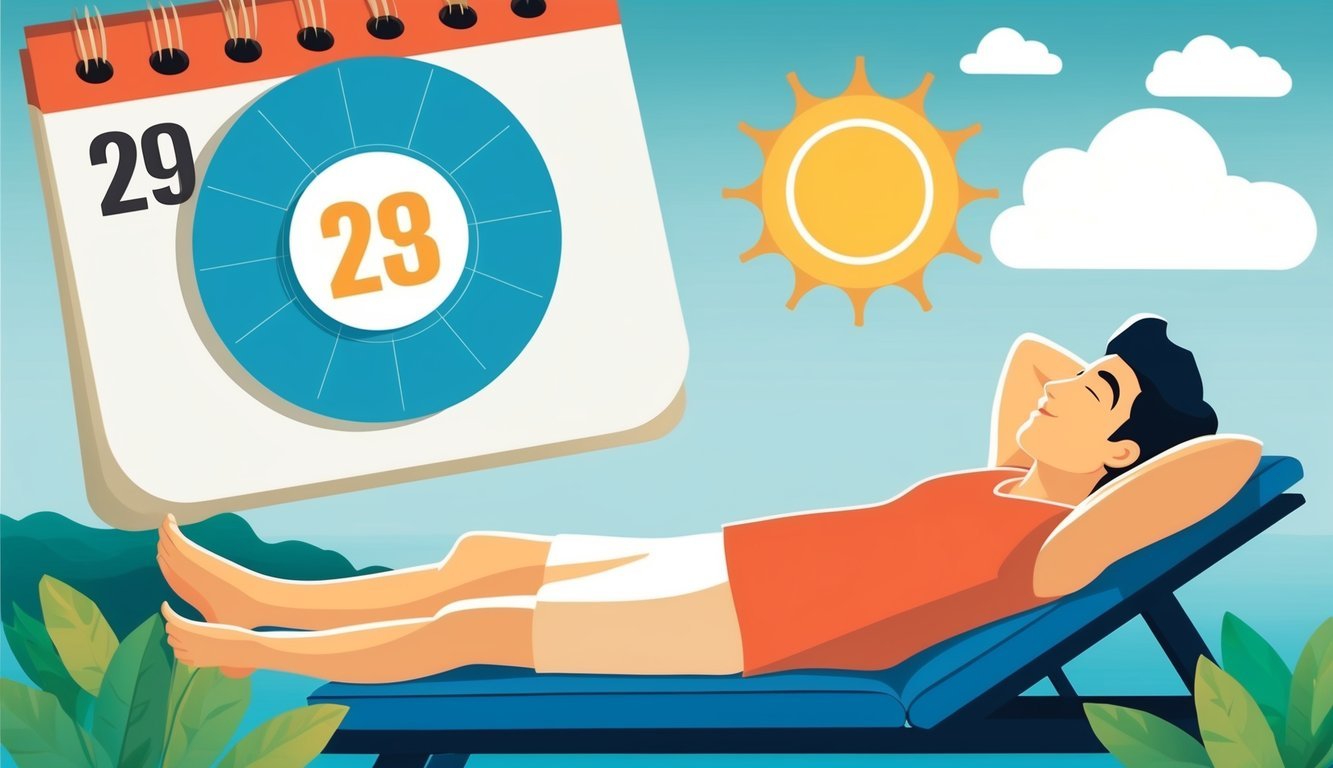 A calendar with a circle around a date, a sun shining, and a person relaxing