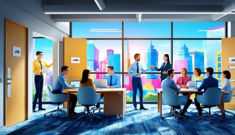 Office meeting with people, city view through large windows, job signs