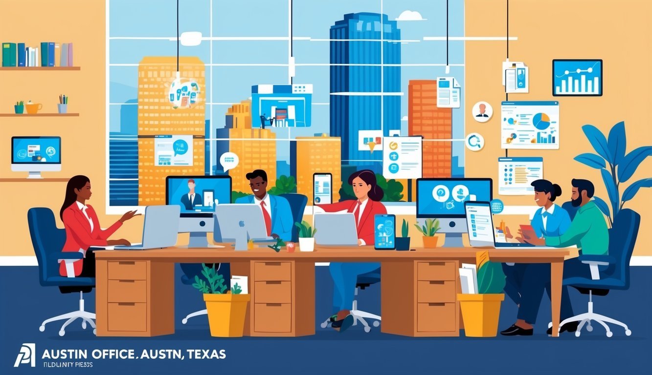 A bustling office in Austin, Texas, with employees utilizing various marketing technologies and collaborating on projects