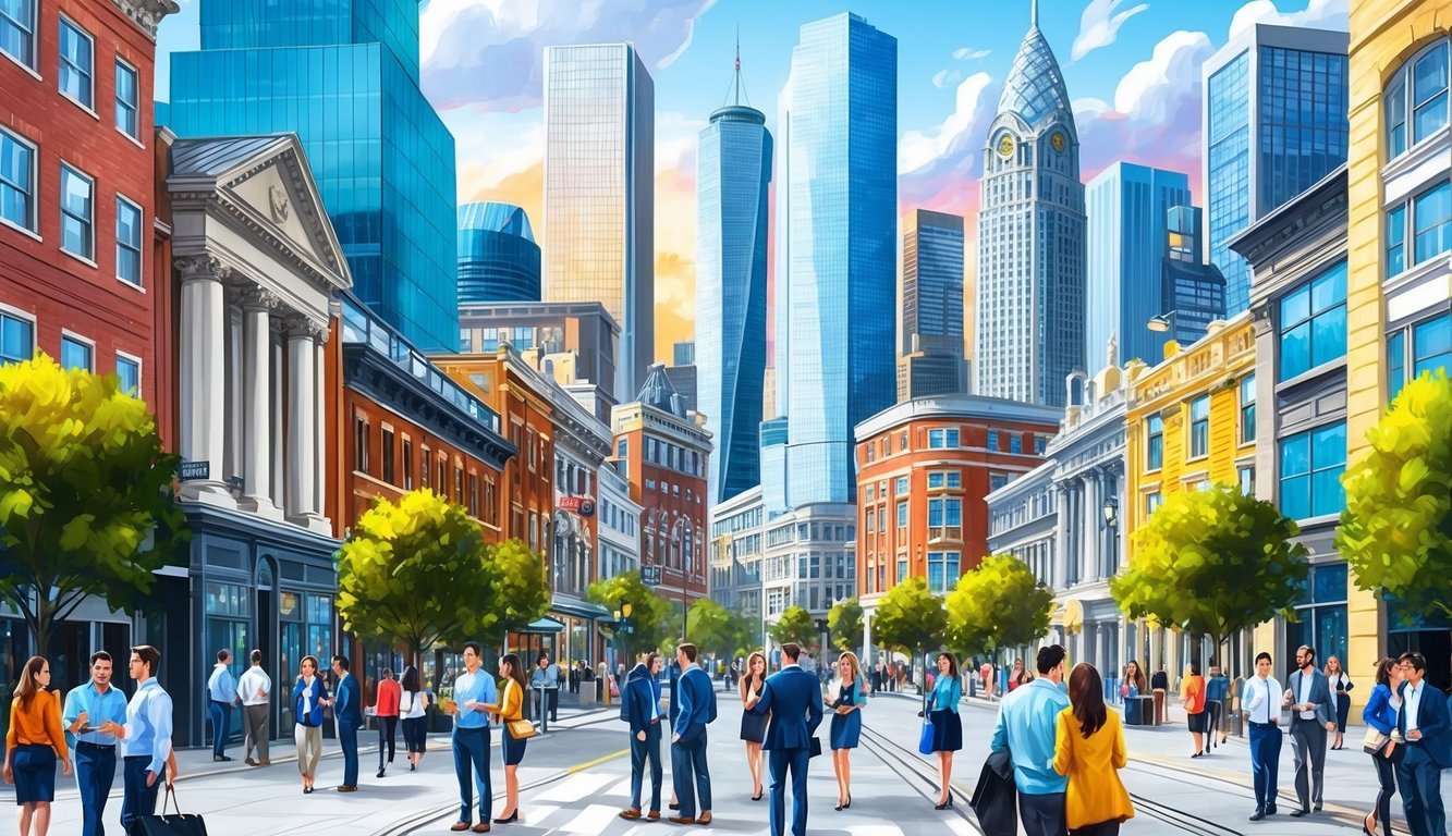 A bustling cityscape with skyscrapers, a mix of modern and historic buildings, and a vibrant street scene with people networking and interacting