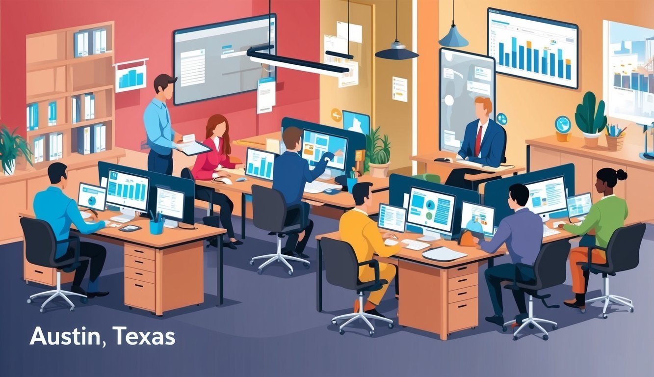 A bustling office in Austin, Texas, with people interacting, typing on computers, and discussing marketing strategies