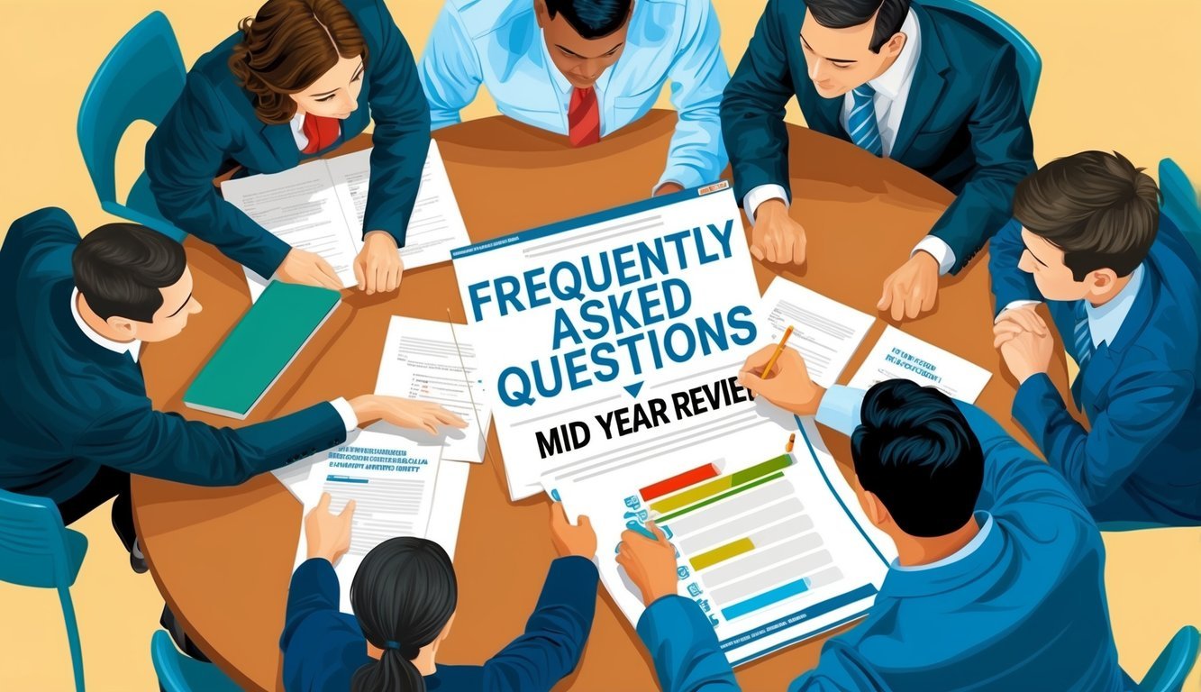 A group of people gathered around a table, discussing and reviewing a document titled "Frequently Asked Questions Mid year review."