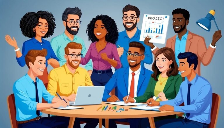 Diverse team of people collaborating around a table with a project presentation