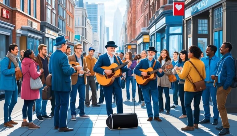 Street musicians playing guitars for a crowd in a city setting