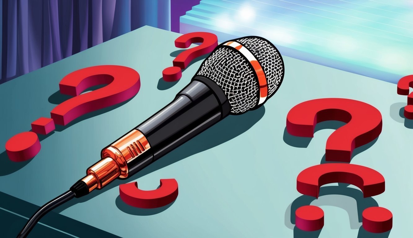 A microphone surrounded by question marks on a stage