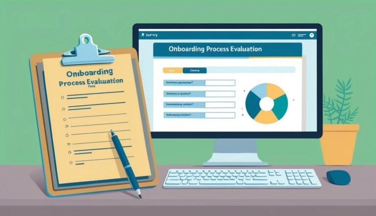 Clipboard and computer screen displaying an onboarding process evaluation form