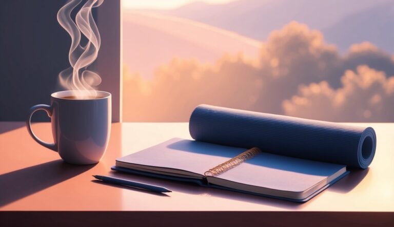 Steaming coffee, open notebook, yoga mat, and pen on a table by a window