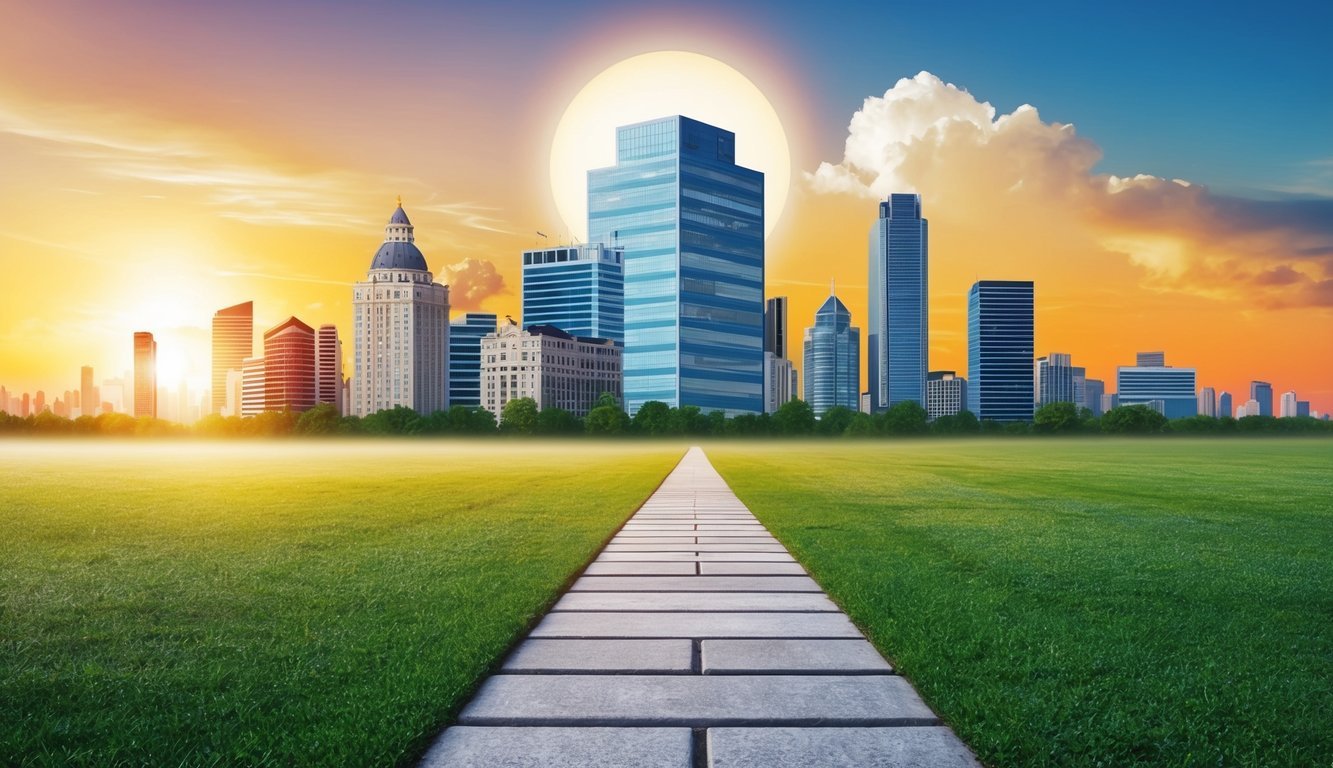 A sunrise over a city skyline with a clear path leading to a bustling office building