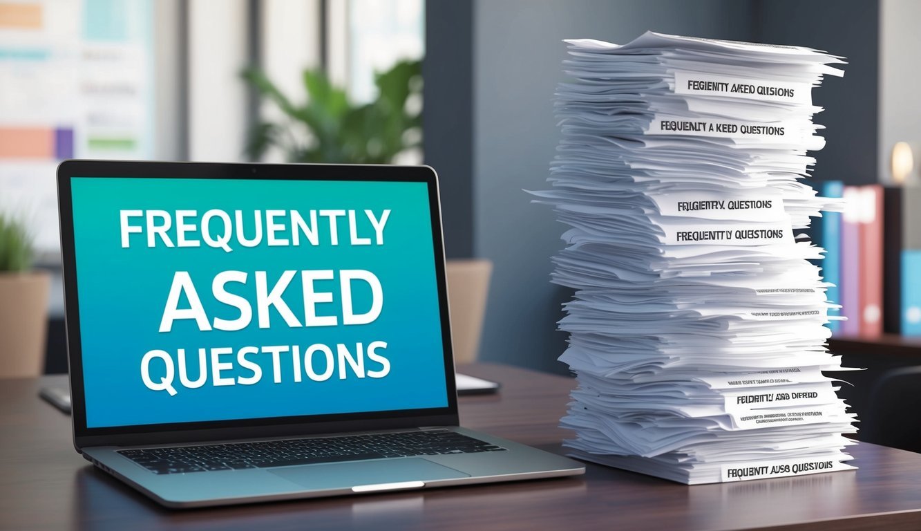 A stack of papers labeled "Frequently Asked Questions" with a laptop showing a new hire orientation PowerPoint on a desk