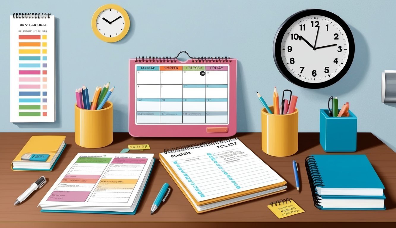 A cluttered desk with a calendar, planner, and to-do lists.</p><p>A clock on the wall shows a busy schedule