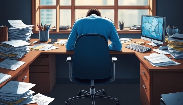 Person at desk overwhelmed by paperwork, computer with broken screen