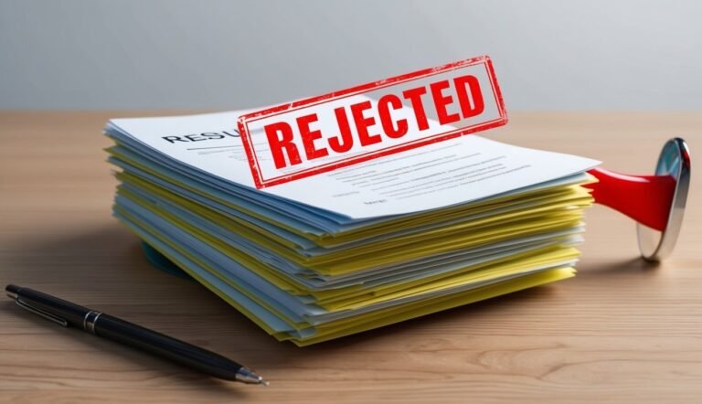 Stack of resumes stamped "REJECTED" with a pen on a desk