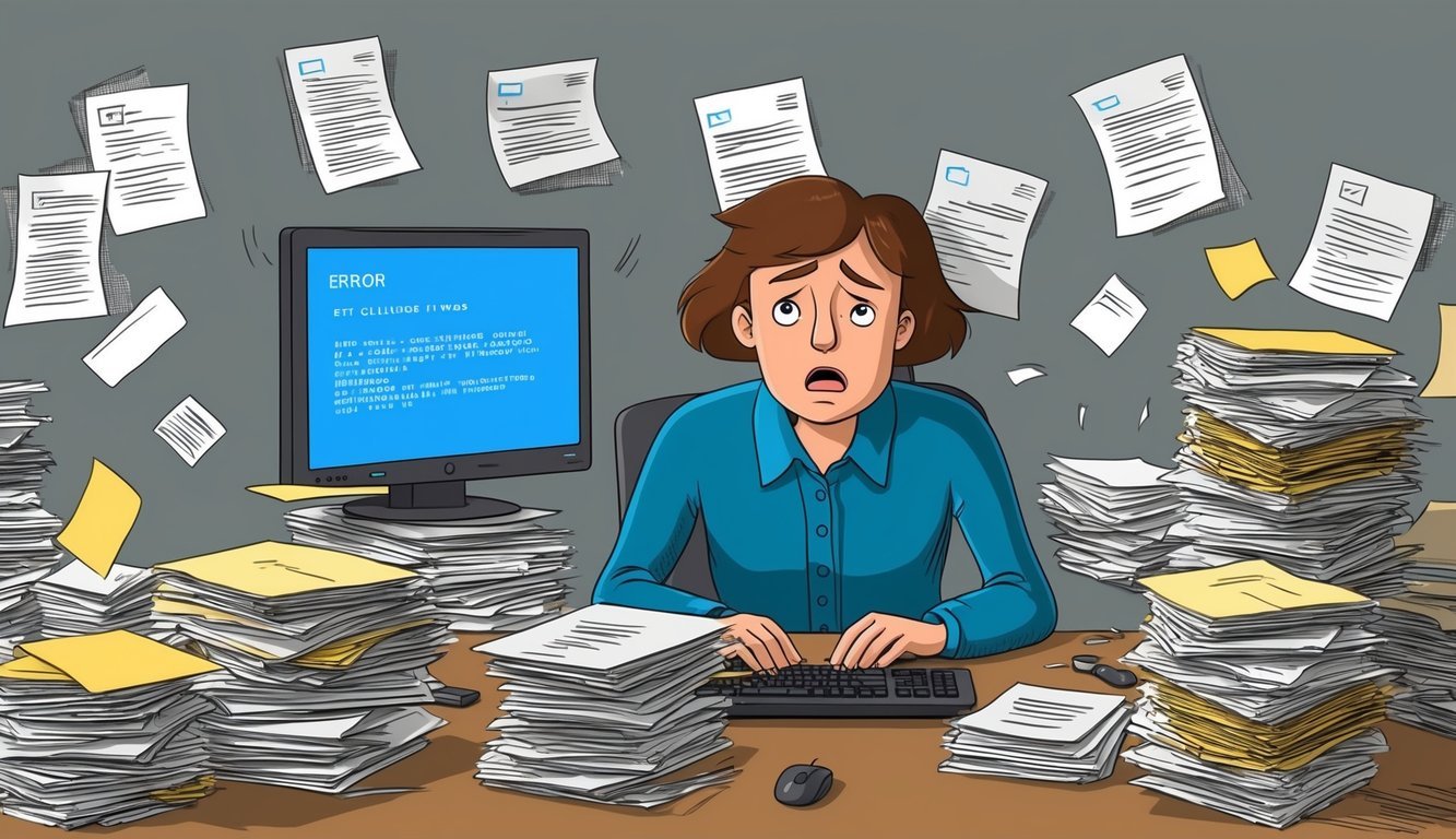 A person sitting at a cluttered desk with a look of distress, surrounded by stacks of papers and a computer screen displaying an error message