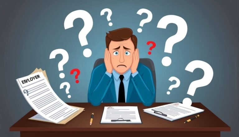 Worried man surrounded by question marks, employer documents on desk