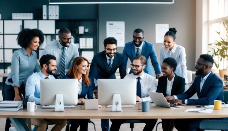 Diverse group of business professionals gathered around a table, looking at computers
