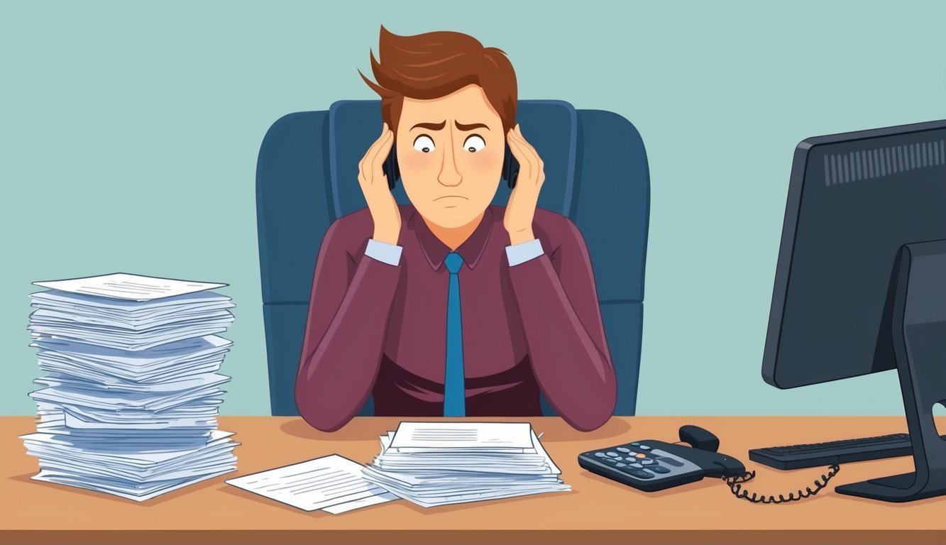 A person sitting at a desk with a stack of papers, a computer, and a phone, looking overwhelmed and stressed