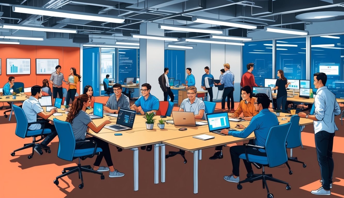 A bustling tech company office, with employees in casual attire collaborating in open workspaces and meeting rooms