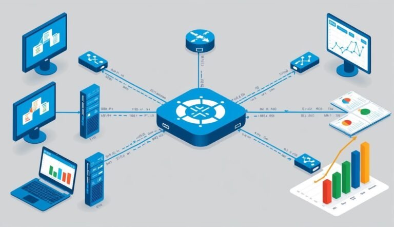Network diagram with computers, servers, router, and data visualization charts