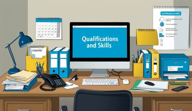 Desk with computer screen displaying "Qualifications and Skills"