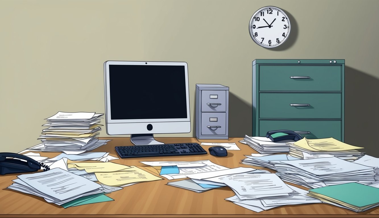 An office desk cluttered with papers, a computer, and a phone.</p><p>A filing cabinet stands against the wall.</p><p>A clock on the wall reads 5 o'clock