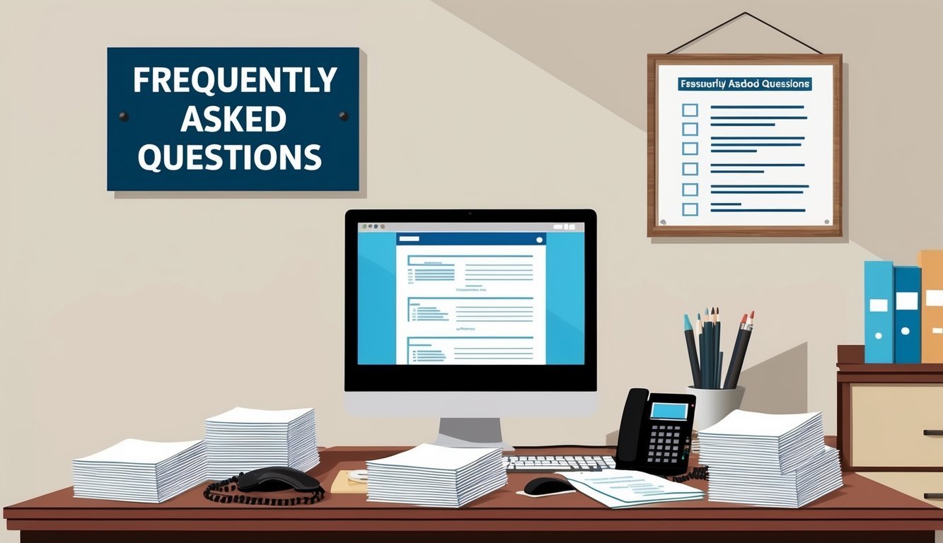 An office desk with a computer, phone, and stack of papers.</p><p>A "Frequently Asked Questions" sign hangs on the wall